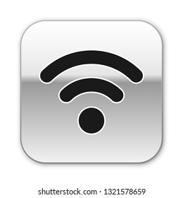 Black Wi-Fi wireless internet network symbol icon isolated on white background. Silver square button. Vector Illustration
