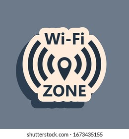 Black Wi-Fi wireless internet network symbol icon isolated on grey background. Long shadow style. Vector Illustration