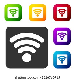 Ícone preto do símbolo de rede sem fio Wi-Fi isolado no fundo branco. Defina ícones em botões quadrados de cor. Ilustração de vetor
