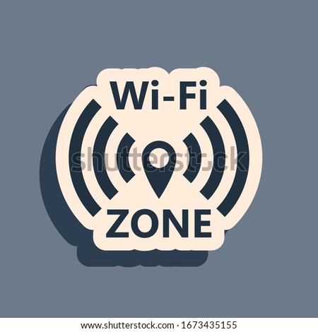 Black Wi-Fi wireless internet network symbol icon isolated on grey background. Long shadow style. Vector Illustration