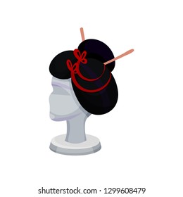 Black wig with wooden sticks and red ribbons on mannequin female head. Women Japanese hairstyle. Flat vector icon