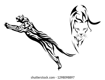 black wild cat tattoo, print t-shirt. Tribal pattern style vector Illustration