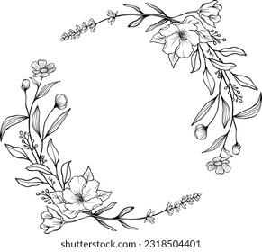 Black Wild Flowers Hand Drawn Floristic Feminine Brand Logo Template, Frame with Delicate Flowers, Branches, Plants. Decorative Outlined Vector Illustration. Floral Design Element.