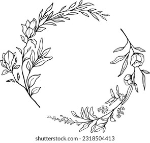 Black Wild Flowers Hand Drawn Floristic Feminine Brand Logo Template, Frame with Delicate Flowers, Branches, Plants. Decorative Outlined Vector Illustration. Floral Design Element.