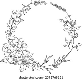 Black Wild Flowers Hand Drawn Floristic Feminine Brand Logo Template, Frame with Delicate Flowers, Wreaths, Branches, Plants. Decorative Outlined Vector Illustration. Floral Design Element