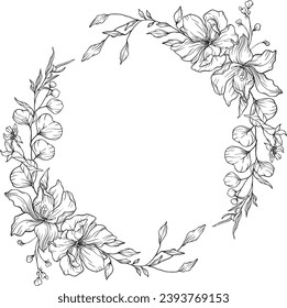 Flores salvajes negras dibujan una plantilla con el logotipo de la marca florista, un marco con flores, coronas, ramas, plantas. Ilustración de vectores delineados decorativos. Elemento de diseño floral