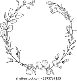 Schwarze Wildblumen handgezeichnete floristische Frauenlogo-Vorlage, Rahmen mit zarten Blumen, Kränze, Zweige, Pflanzen. Dekorative Vektorgrafik mit Vektorgrafik. Blumendesign-Element