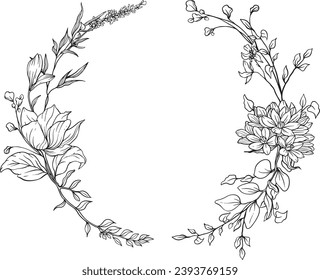 Black Wild Flowers Hand Drawn Floristic Feminine Brand Logo Template, Frame with Delicate Flowers, Wreaths, Branches, Plants. Decorative Outlined Vector Illustration. Floral Design Element