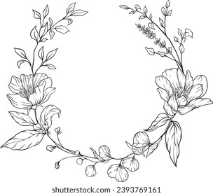 Black Wild Flowers Hand Drawn Floristic Feminine Brand Logo Template, Frame with Delicate Flowers, Wreaths, Branches, Plants. Decorative Outlined Vector Illustration. Floral Design Element