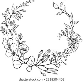 Black Wild Flowers Wreath Hand Drawn Floristic Feminine Brand Logo Template, Frame with Delicate Flowers, Branches, Plants. Decorative Outlined Vector Illustration. Floral Design Element.