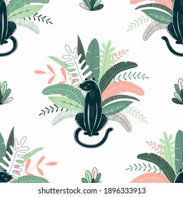 Black wild panther big cat in jungle leaves illustration vector seamless pattern. Cute decorative rainforest wildlife doodle drawing background 