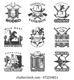 Black wild west emblem set with wild west rodeo American cowboy western saloon descriptions vector illustration