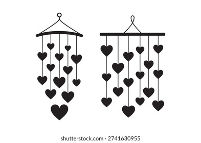 Black wind chimes composed of multiple heart shapes suspended by thin lines, presented in a minimalist style.