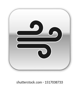 Black Wind icon isolated on white background. Windy weather. Silver square button. Vector Illustration