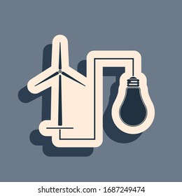 Black Wind mill turbine generating power energy and light bulb icon on grey background. Alternative natural renewable energy production using wind mills. Long shadow style. Vector Illustration