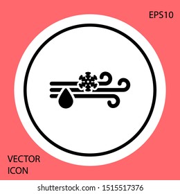 Black Wind and rain with snow icon isolated on red background. Windy weather. White circle button. Vector Illustration