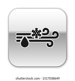 Black Wind and rain with snow icon isolated on white background. Windy weather. Silver square button. Vector Illustration