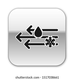 Black Wind and rain with snow icon isolated on white background. Windy weather. Silver square button. Vector Illustration
