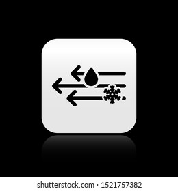 Black Wind and rain with snow icon isolated on black background. Windy weather. Silver square button. Vector Illustration