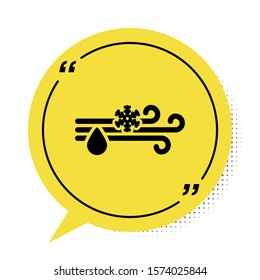 Black Wind and rain with snow icon isolated on white background. Windy weather. Yellow speech bubble symbol. Vector Illustration