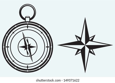 Black wind rose and compass isolated on blue background