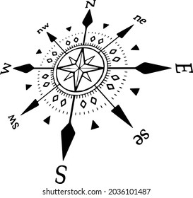 Black wind rose, compass isolated on white