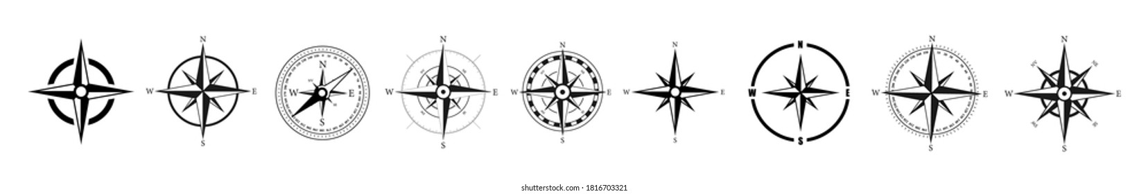Black wind rose or compass set. Vector