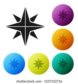 Black Wind rose icon isolated on white background. Compass icon for travel. Navigation design. Set icons colorful circle buttons. Vector Illustration