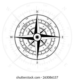 Black Wind Rose Isolated On Gray With Compass Arrow. Eps10