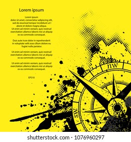 Black wind rose silhouette with different grunge blots and splashes. With halftones and sample text isolated on yellow background