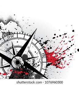 Black wind rose silhouette with different grunge blots and splashes black and red colors. With halftones and blood blobs isolated on white background
