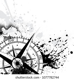 Black wind rose silhouette with different grunge blots and splashes isolated on white background. With halftones and blobs