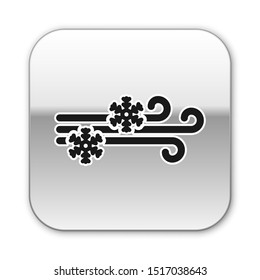 Black Wind and snow icon isolated on white background. Windy weather. Silver square button. Vector Illustration