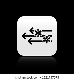 Black Wind and snow icon isolated on black background. Windy weather. Silver square button. Vector Illustration