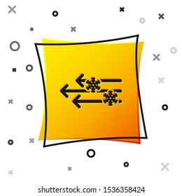 Black Wind and snow icon isolated on white background. Windy weather. Yellow square button. Vector Illustration