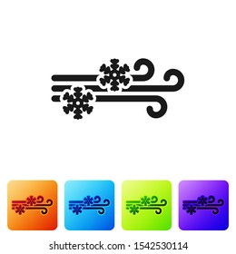 Black Wind and snow icon isolated on white background. Windy weather. Set icons in color square buttons. Vector Illustration