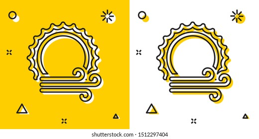 Black Wind and sun icon isolated on yellow and white background. Windy weather. Random dynamic shapes. Vector Illustration
