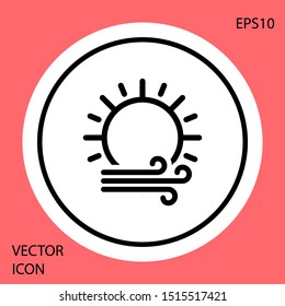 Black Wind and sun icon isolated on red background. Windy weather. White circle button. Vector Illustration