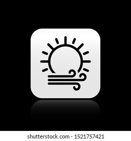 Black Wind and sun icon isolated on black background. Windy weather. Silver square button. Vector Illustration
