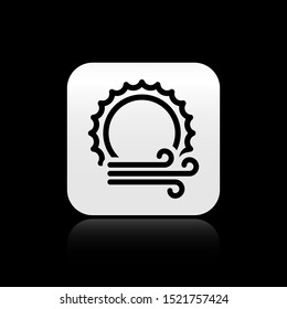 Black Wind and sun icon isolated on black background. Windy weather. Silver square button. Vector Illustration