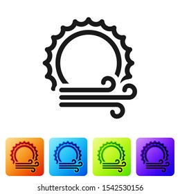 Black Wind and sun icon isolated on white background. Windy weather. Set icons in color square buttons. Vector Illustration