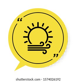 Black Wind and sun icon isolated on white background. Windy weather. Yellow speech bubble symbol. Vector Illustration