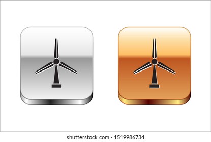 Black Wind turbine icon isolated on white background. Wind generator sign. Windmill silhouette. Windmill for electric power production. Silver-gold square button. Vector Illustration