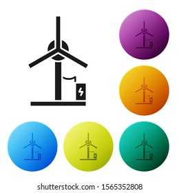 Black Wind turbine icon isolated on white background. Wind generator sign. Windmill for electric power production. Set icons colorful circle buttons. Vector Illustration