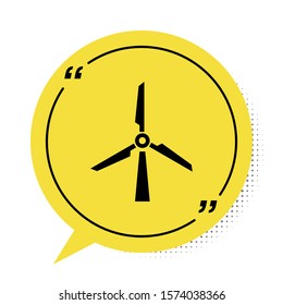 Black Wind turbine icon isolated on white background. Wind generator sign. Windmill silhouette. Windmill for electric power production. Yellow speech bubble symbol. Vector Illustration
