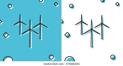 Black Wind turbine icon isolated on blue and white background. Wind generator sign. Windmill silhouette. Windmills for electric power production. Random dynamic shapes. Vector Illustration