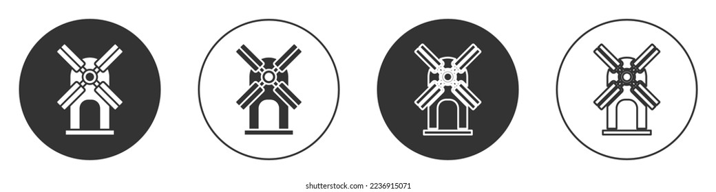 Black Wind turbine icon isolated on white background. Wind generator sign. Windmill for electric power production. Circle button. Vector