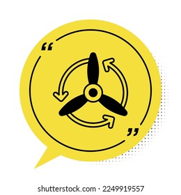 Black Wind turbine icon isolated on white background. Wind generator sign. Windmill for electric power production. Yellow speech bubble symbol. Vector