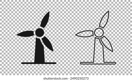 Black Wind turbine icon isolated on transparent background. Wind generator sign. Windmill for electric power production.  Vector