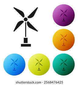 Black Wind turbine icon isolated on white background. Wind generator sign. Windmill for electric power production. Set icons in color circle buttons. Vector Illustration